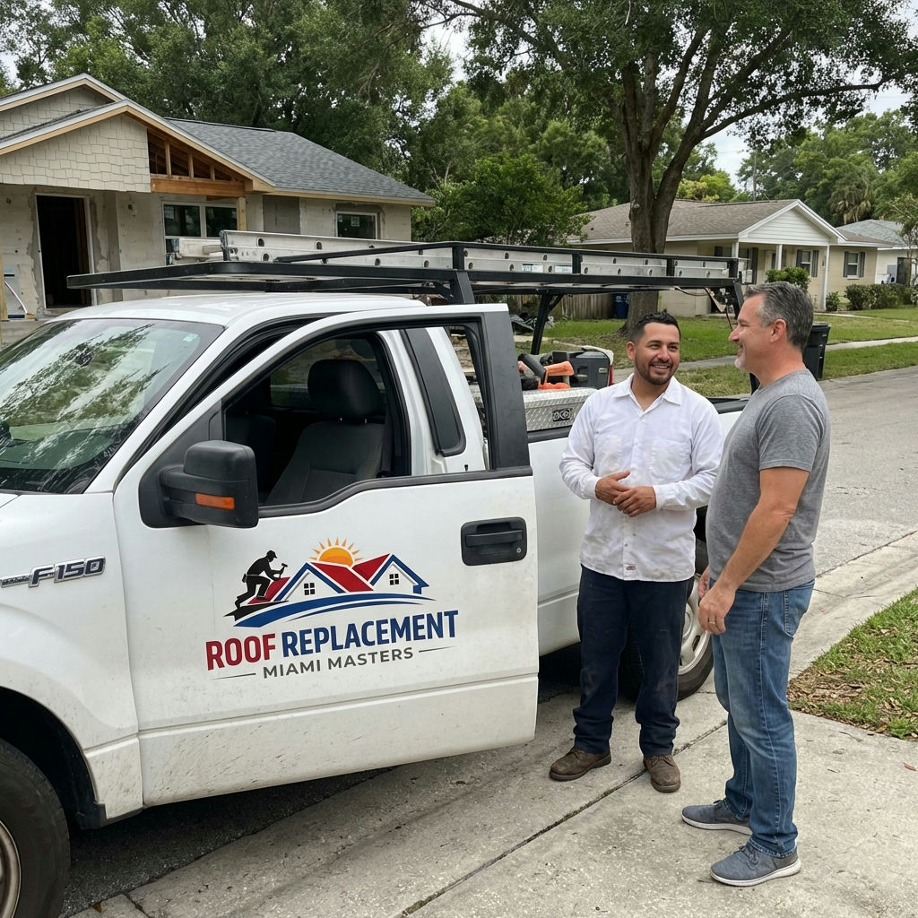 Roof Replacement Miami Masters team member consulting with homeowner